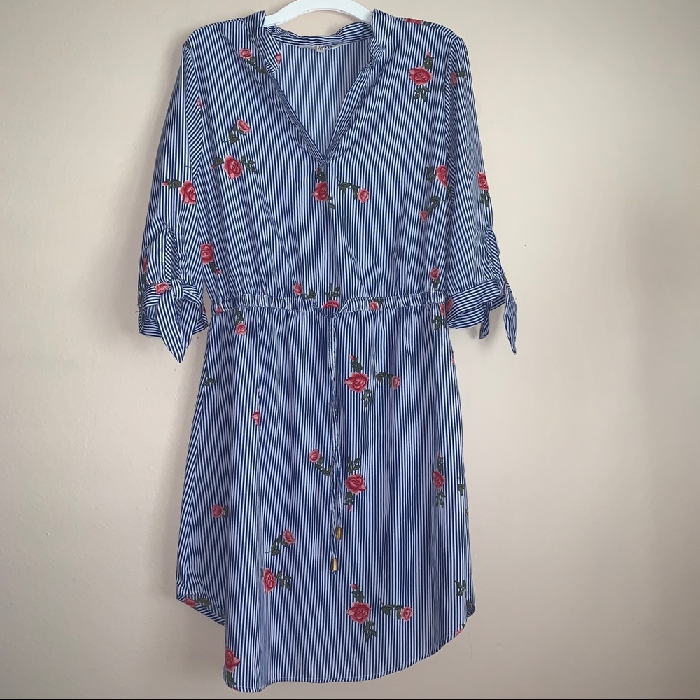 Blush blue and white striped dress with floral